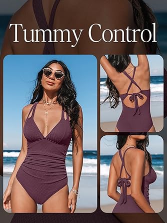 Women's One Piece Swimsuit Tummy Control Deep V Neck Double Straps Crisscross Back Tie Bathing Suit